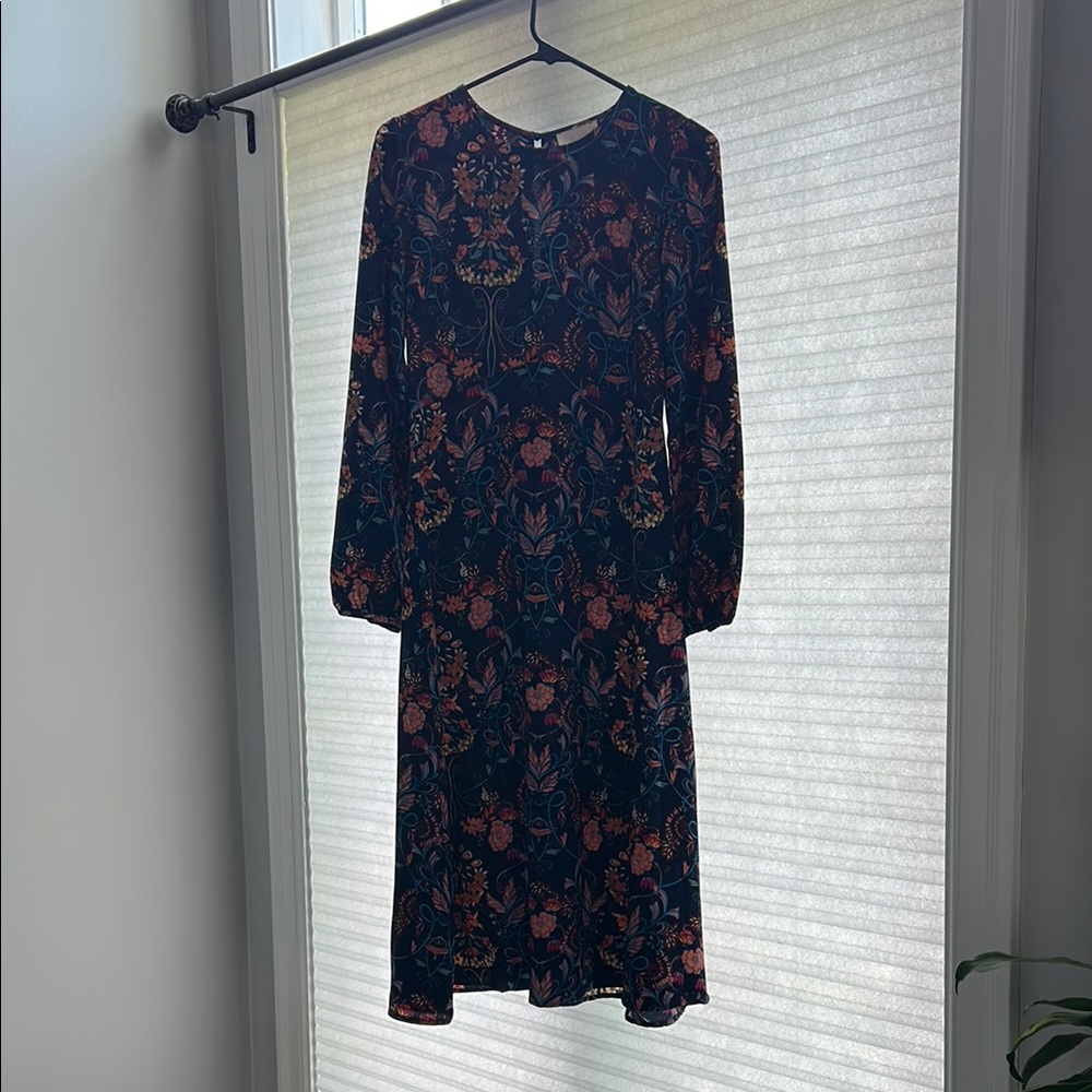 Madeline Blue and Orange Sheath Dress with Bishop Sleeves